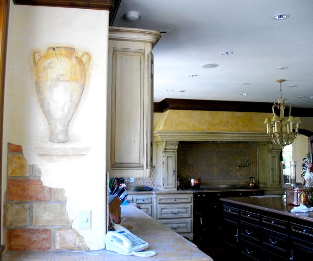 FAUX RANGE TOP, PAINTED URN, 3D BRICKS (2)