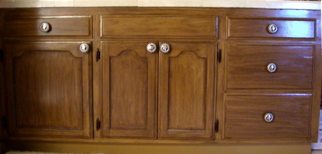 Painted cabinets with faux finish wood effect